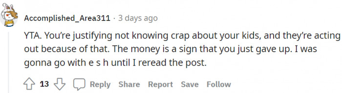 She’s TA. Money is a sign that she has given up.