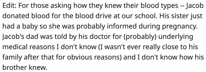 OP clarified how Jacob's family casually knows their blood type.