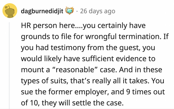 The hotel would most likely settle out of court instead of letting things go that far.