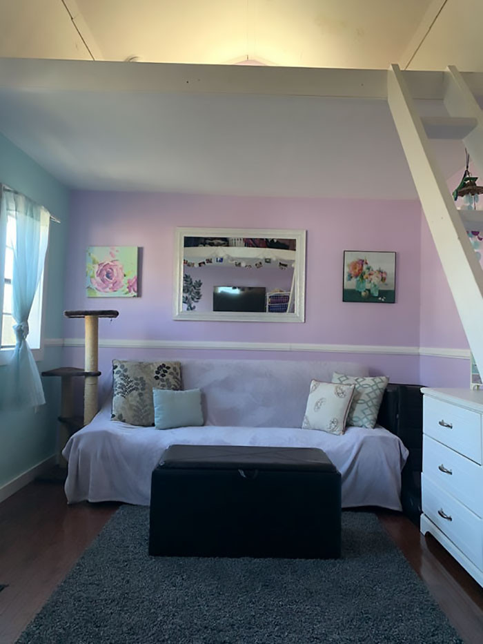 From a dresser to a full-size bed upstairs, Lennox's little abode contains everything.
