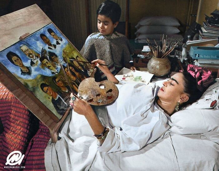 32. Frida Kahlo Painting In Her Bed In The 1950s