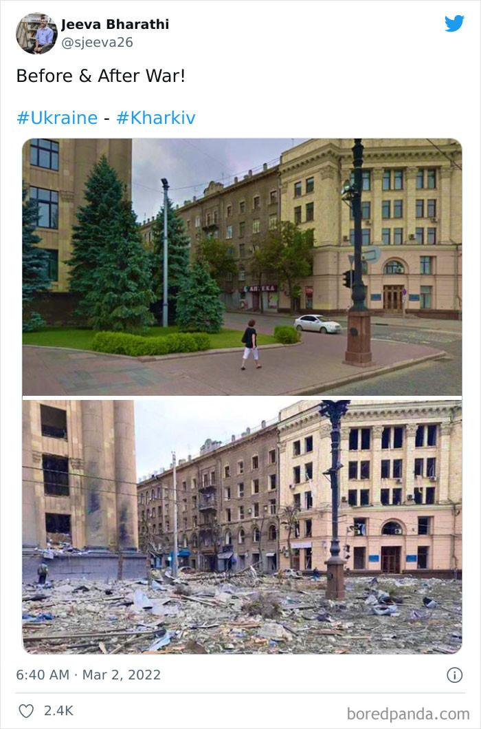 3. A photo of Kharkov, a city in Ukraine, before and after the war started.