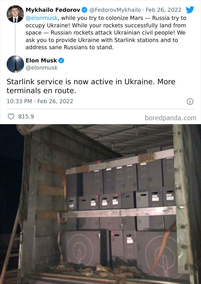 17. Vice Prime Minister of Ukraine asks, and receives help from Elon Musk with Satellite Internet amid Russian invasion