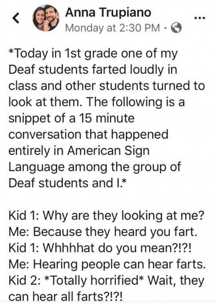 Teacher Shares Hilarious Story Of Deaf Student Learning Everyone Can Hear  Him Fart