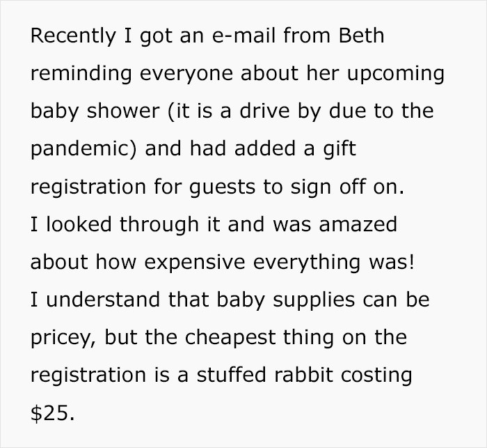 The mother-to-be sent an email to her guests with a pricey gift registry attached.