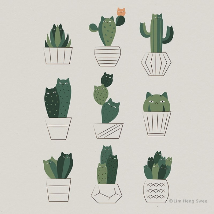 Felines looking like different house plants.