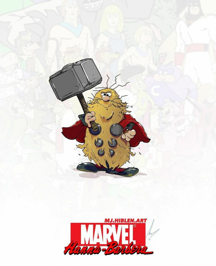 4. A funny mashup cover photo of Captain Caveman as Thor with the hammer instead of his stone tools.