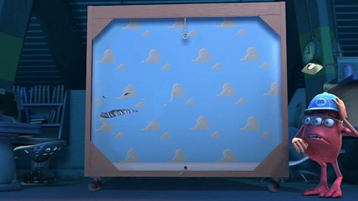 17. In Toy Story 3 Andy has a wallpaper. It appears in Monsters, Inc. and is used for practicing camouflage.