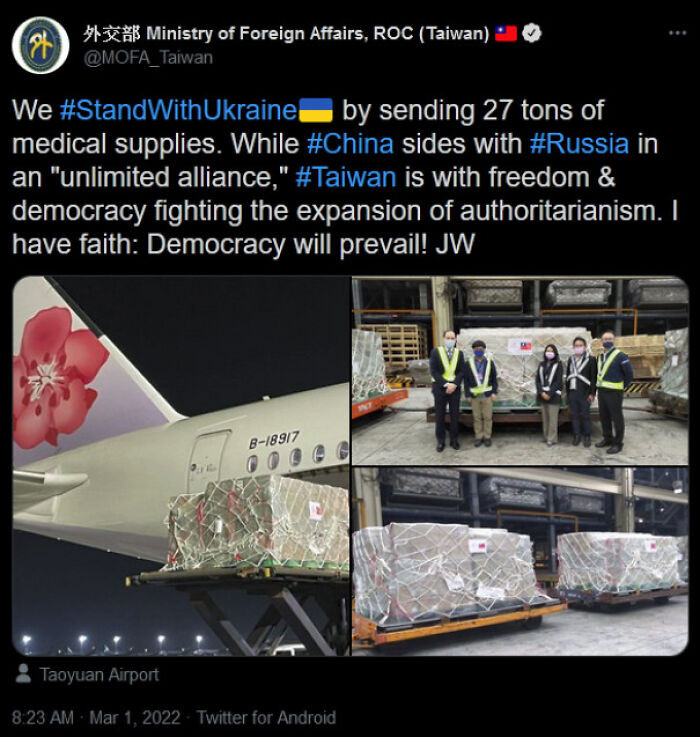 36. Taiwan shows massive balls by sending Ukraine 27 tons of medical supplies
