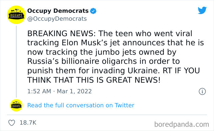 32. Teen who went viral for tracking Elon Musk's jet announces that he is now tracking Russian oligarchs jumbo jets