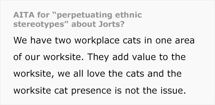 Two office cats, Jean and Jorts, sitting together in a workplace