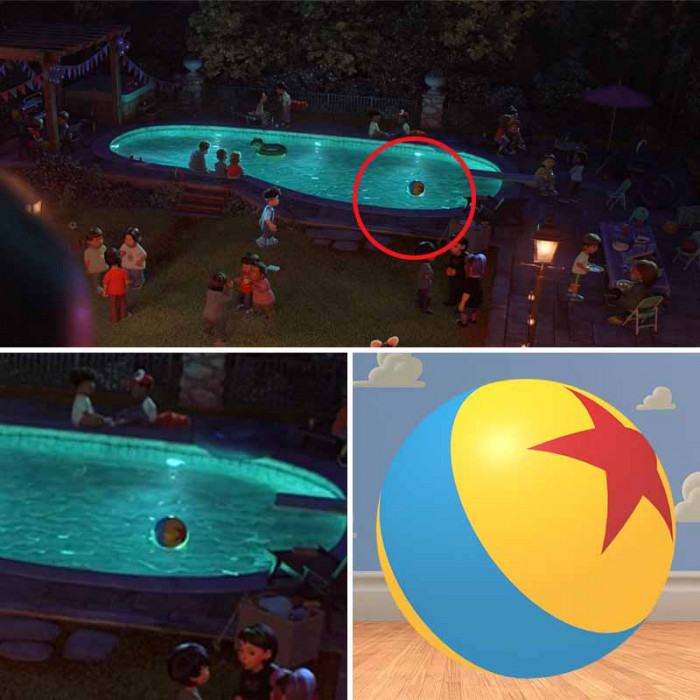 19. The Pixar Ball, aka the Luxo Ball, can be seen in the pool at Tyler’s house party.