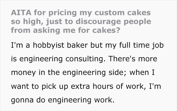 A Reddit user posted in the r/AITA community about pricing their cakes so high that people won't bother to ask them for one.