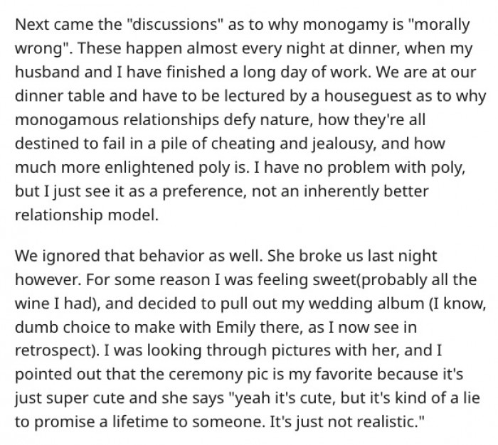 Hmm, five partners? Well, who are we to judge? She'll be a perfectly respectful and polite guest, right?... Wrong!