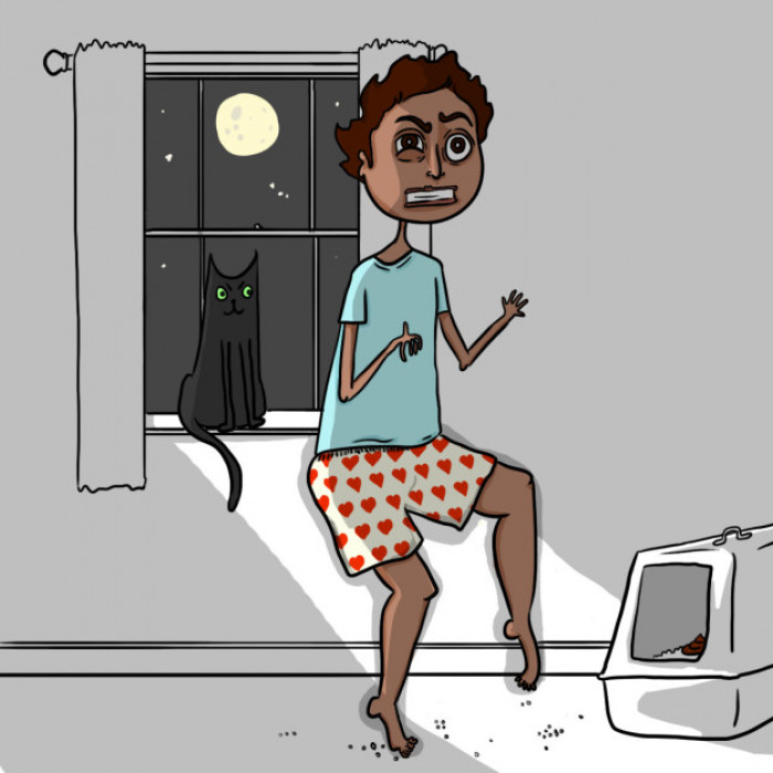 2. Repeatedly stepping on cat litter whilst going to the toilet in the middle of the night.