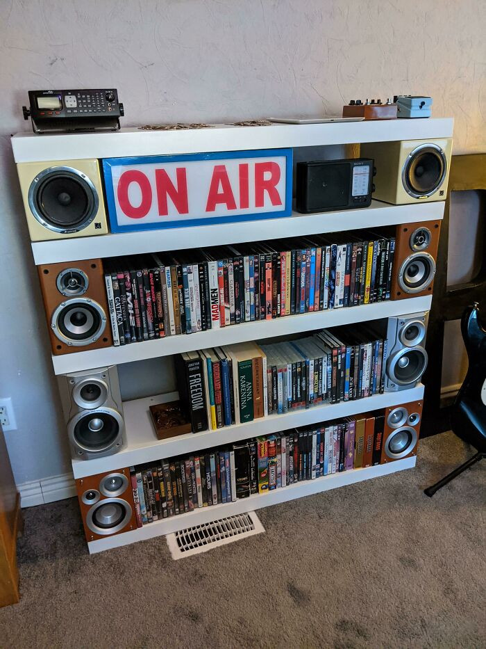 24. This shelf is made from old speakers and turned out cool and retro.