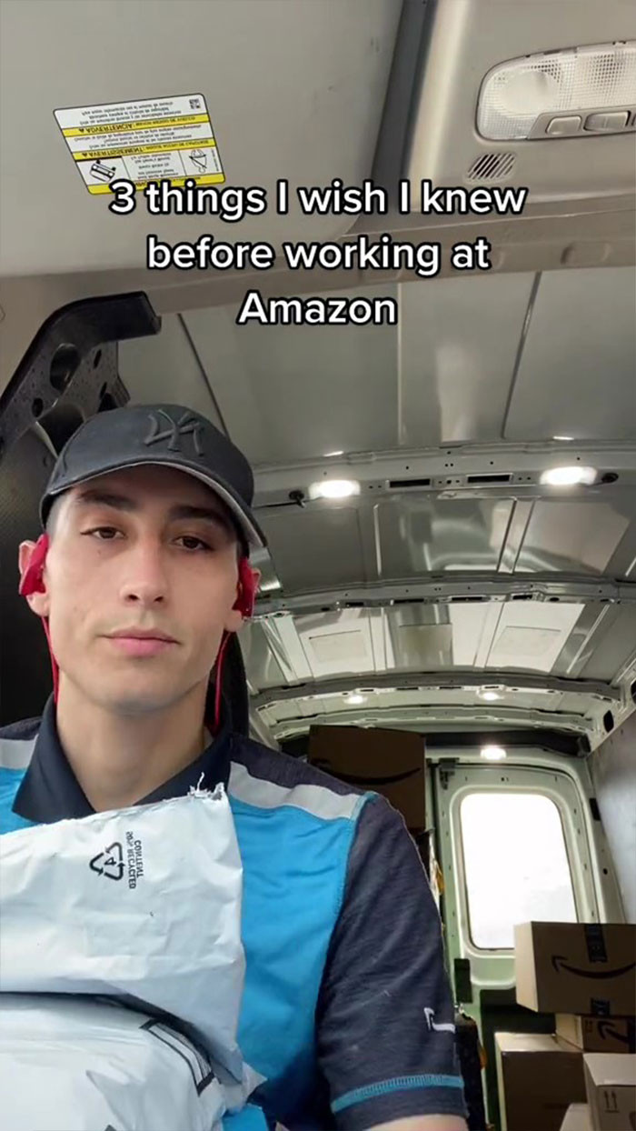 Here we can see our Amazon insider inside an Amazon delivery van 