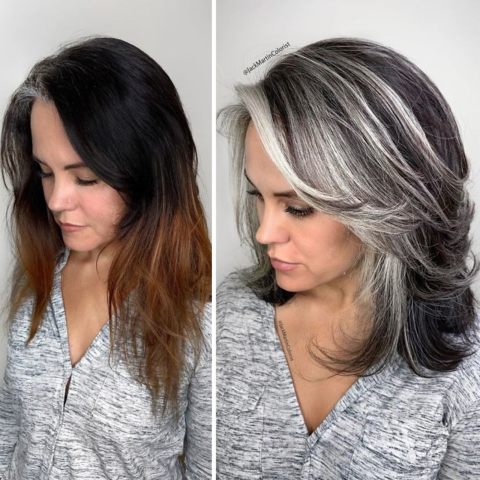 Then, he bleaches the rest of the hair while preserving the grey roots in order to prep the hair for a new color.