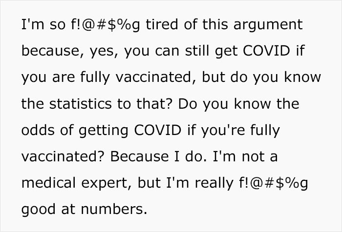 She addresses the subject head-on while swearing because she's tired of people saying you'll still get COVID even after getting vaccinated.