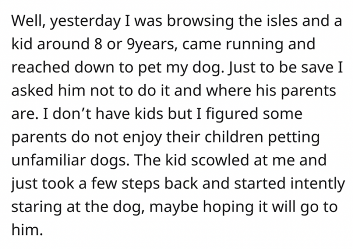 While OP was browsing the aisles, she noticed a kid running toward her dog. She told him to stop.