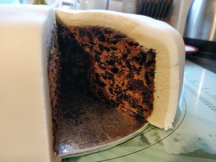 13. An extra thick layer of marzipan on the Christmas cake is delivered