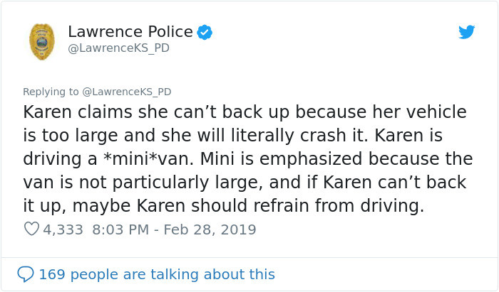 It turns out soccer mom Karen is actually a horrible driver and a huge drama queen.