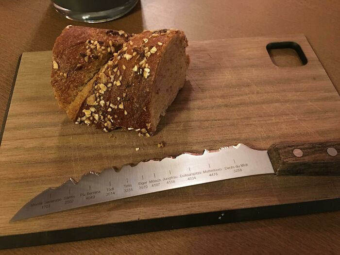 46. This Swiss restaurant bread knife features a silhouette of Switzerland's major peaks
