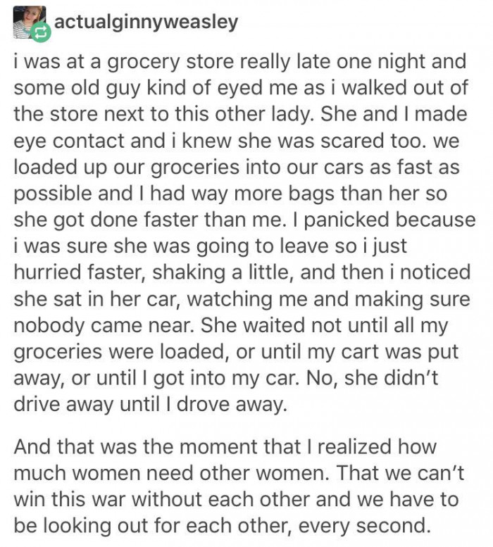Three Tumblr posts were shared by Facebook user Alexis Tyler containing stories from women who managed to get help from strangers after being followed or harassed.