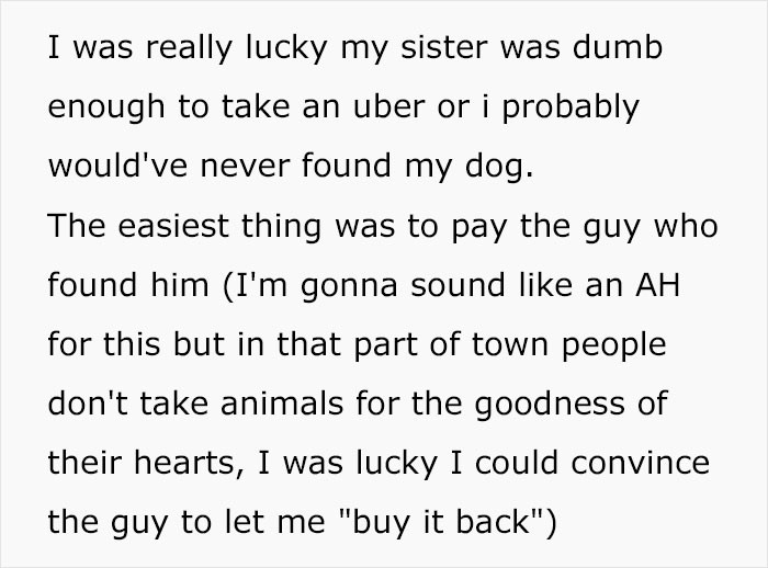 She had to buy the dog back from the 'new owner.'