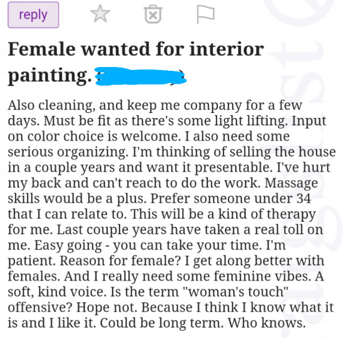 31. I don't think this is the type of skilled painting that any woman wants to do.