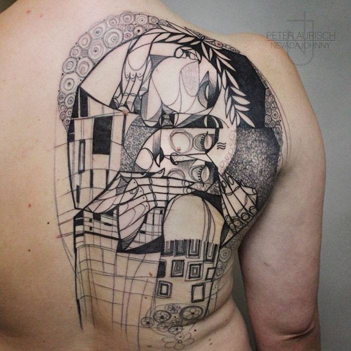 Gustav Klimt style tattoo of a feminine figure with ornate details