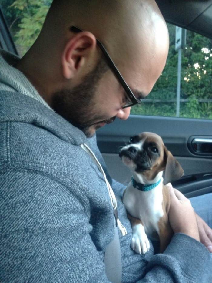 Fluffy rescued puppy cuddles with a smiling man of fluff