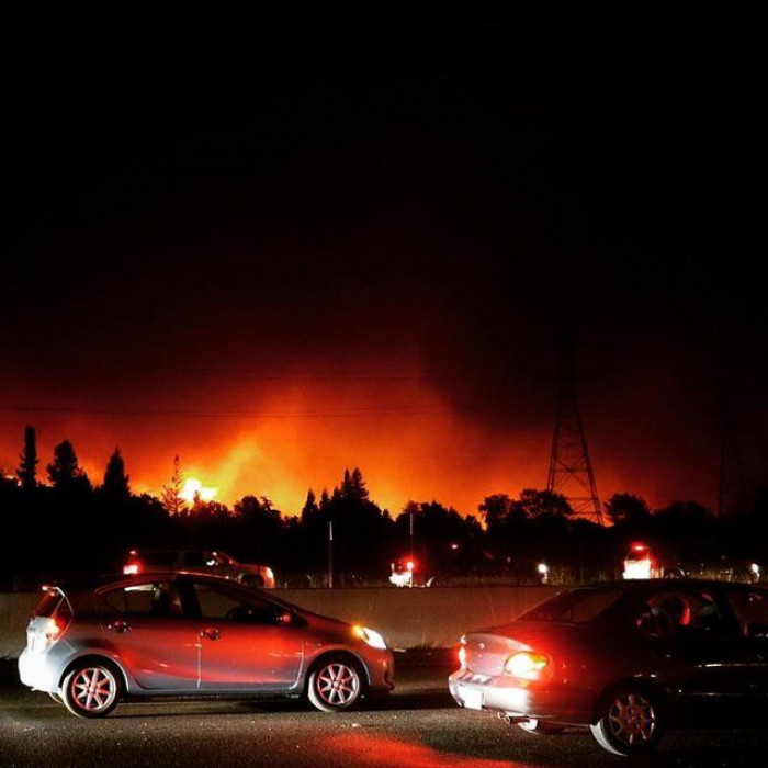 Close view of dog tucked in backpack, woman cycling away from wildfire