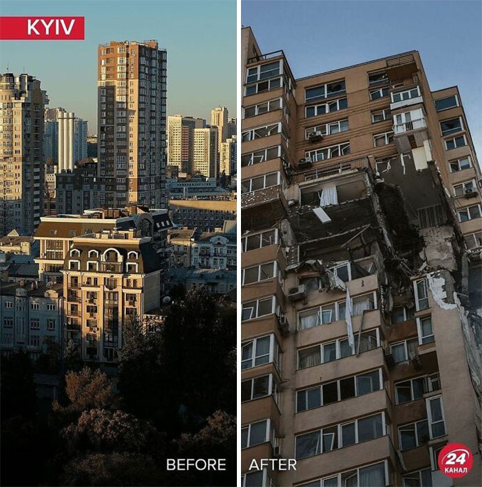 7. Just another example of the atrocities done by Russia, a chunk missing out of a residential building.