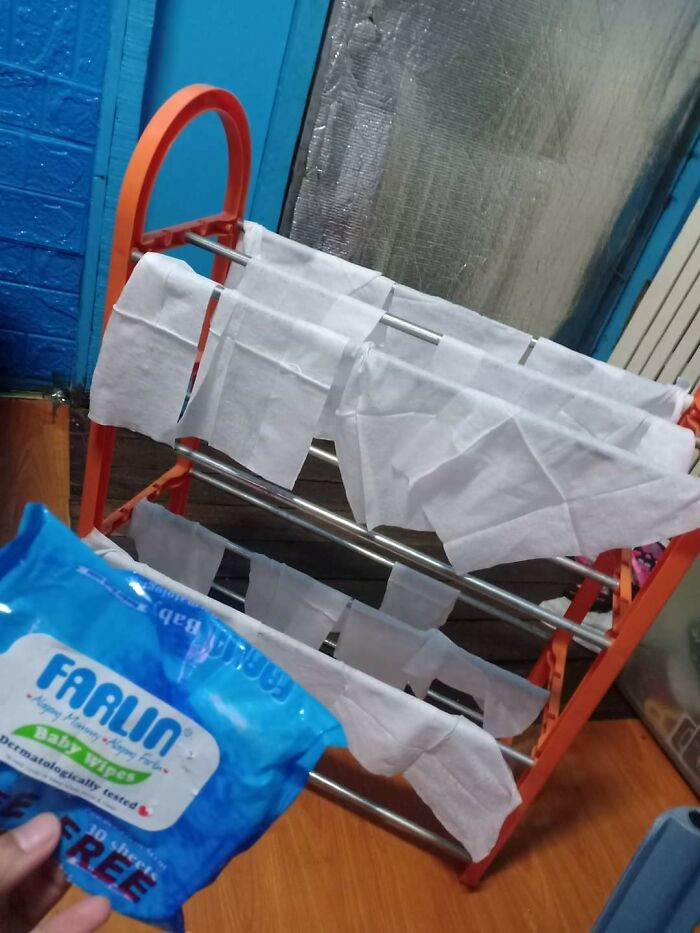 Kid hung up wet wipes so they could dry. SMH.