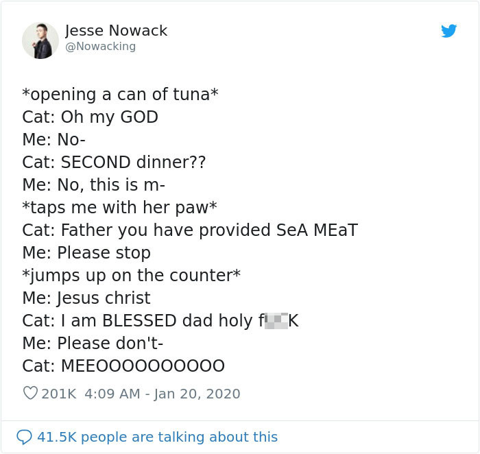 Cat eagerly reaches toward a can of tuna, exaggerated excitement