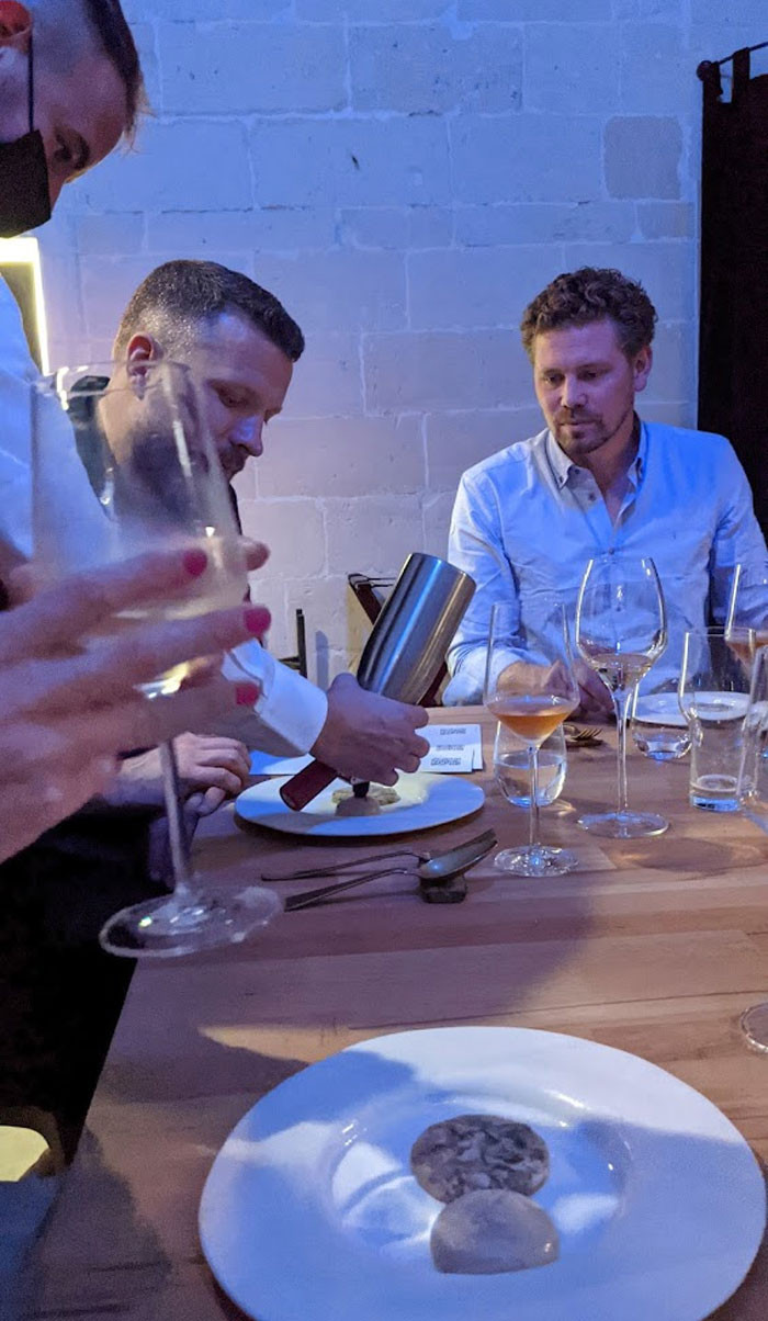 “A sliver of oyster loaf with foam. David’s face here says more than I ever can”