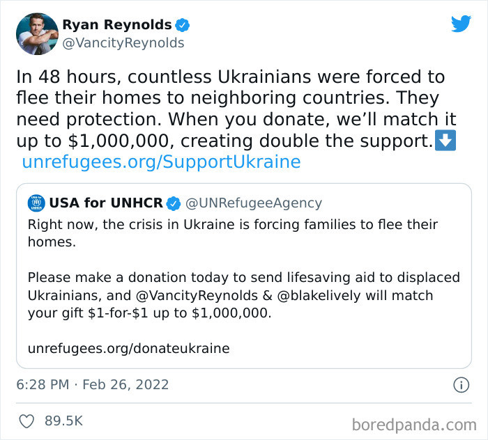 19. Ryan Reynolds and Blake Lively match donations up to $1mil to Ukrainian refugee angencies