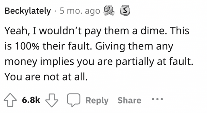 People seem to be on OP's side about it and basically said not to give them anything because it implies that she's in the wrong, which she is not.