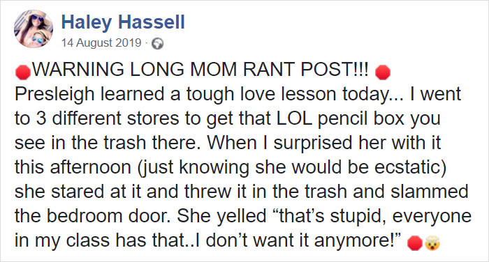 Haley took to Facebook to share the incident with her daughter