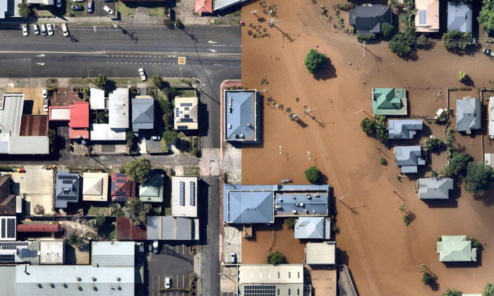 31. A side-by-side comparison of an area before and after the flood.