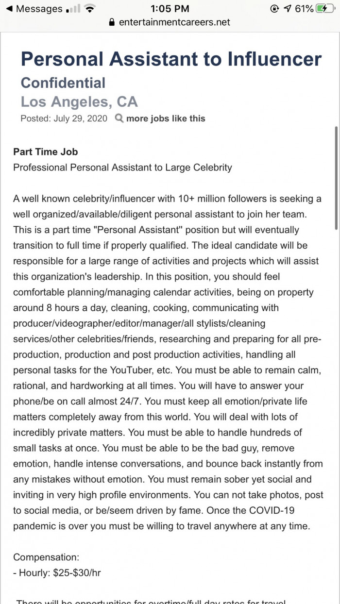 New York Times-style reporter Taylor Lorenz tweeted screenshots from the Entertainment Careers website where the job listing was originally posted
