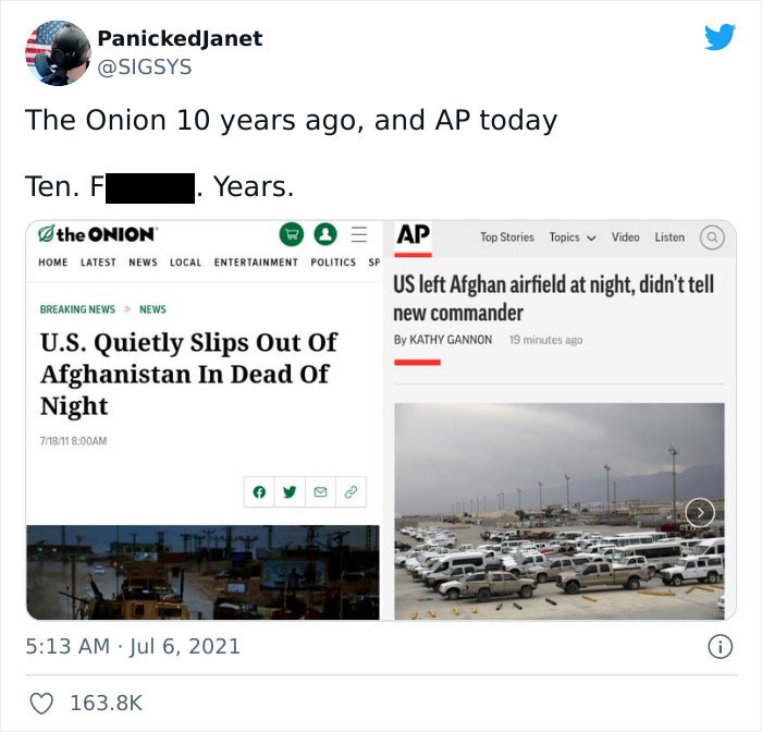 33. The Onion will run out of things to write about if satire continues to become reality.