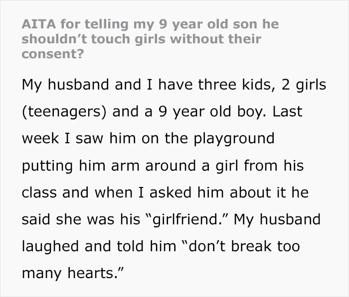 OP saw her son putting his arm around a girl from his class.