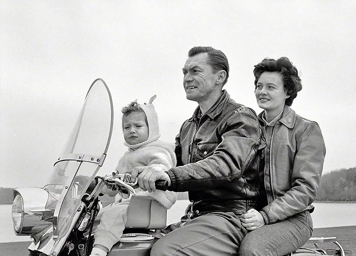 A Harley with a baby seat in 1962