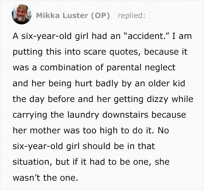 Begins with some background on the little girl and her family.