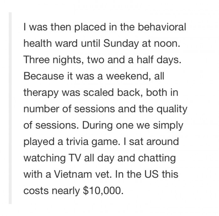 She went on to describe how a three night stay in hospital, with seemingly little care, managed to rack up a bill of almost $10,000.