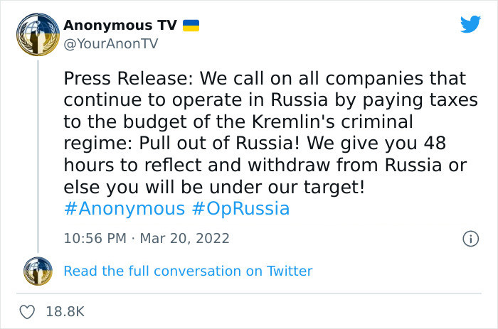 The group posted their warning on Twitter where they announced that they will target any Western brand that doesn't stop operating in Russia within 48 hours