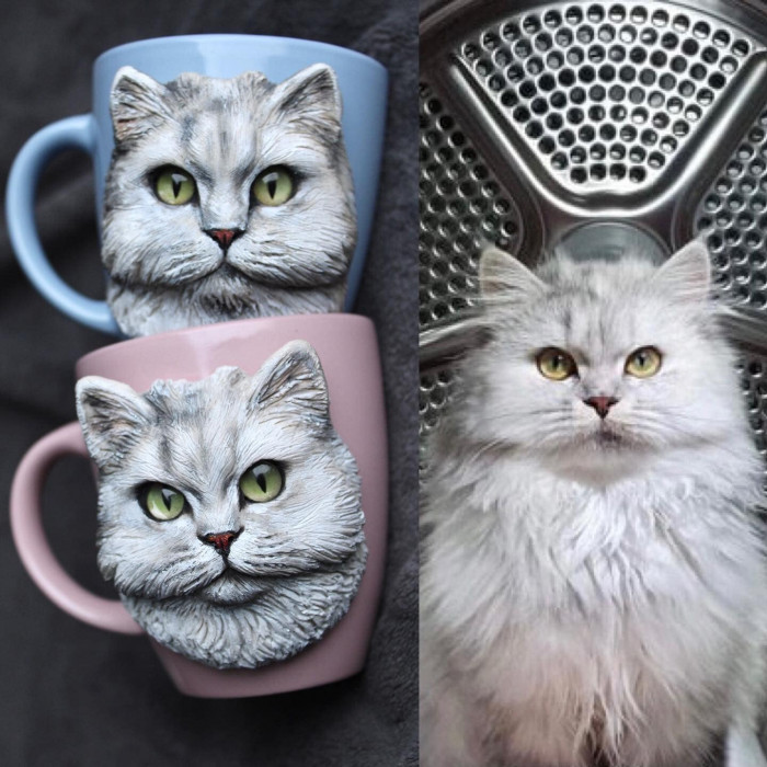 Assorted hyper-realistic polymer clay pet mugs, German Spitz and Bulldog details visible