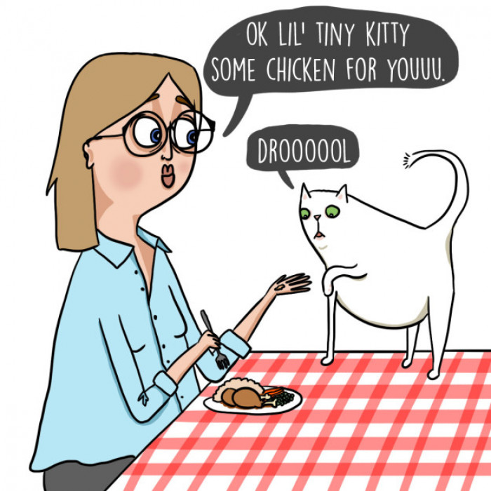 4. Sharing your meal with your kitty, and occasionally having to actually defend your food from her.